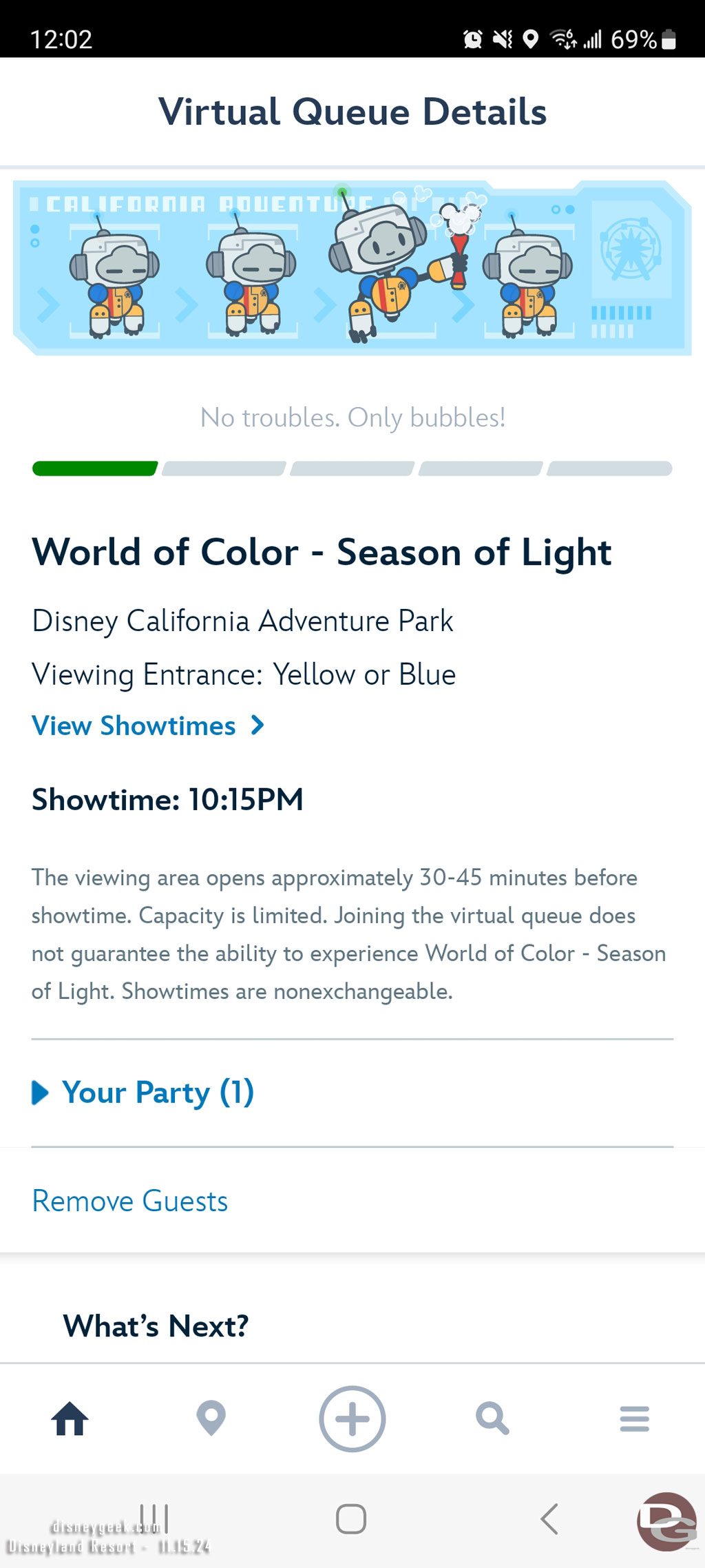 At noon I picked up a virtual boarding group for World of Color. I did not pay attention but someone pointed out they got 10:15 not 9pm, I checked and noticed the same. That was odd considered I joined right at noon.