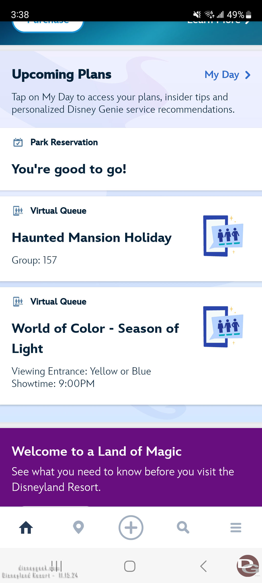 Noticed my World of Color time shifted to the 9pm show. I did not receive any notice.  The only notifications I seem to get are the mobile order ones.