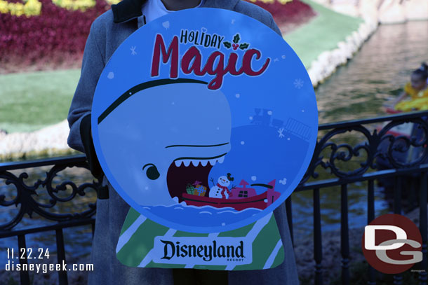 Storybook Land Canal Boats have a photo op sign to promote their holiday version.