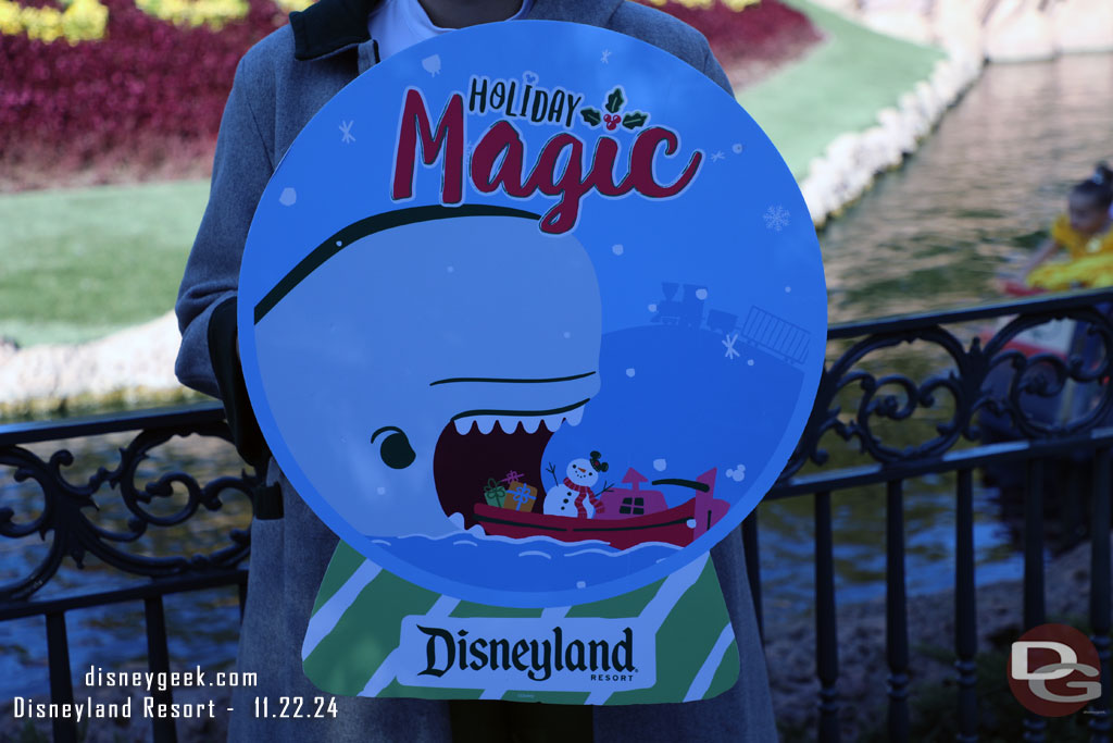 Storybook Land Canal Boats have a photo op sign to promote their holiday version.