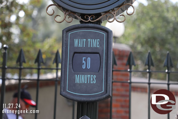 The posted wait was 50 minutes.  With the new queue it is hard to tell but it it looked longer so I opted not to wait.