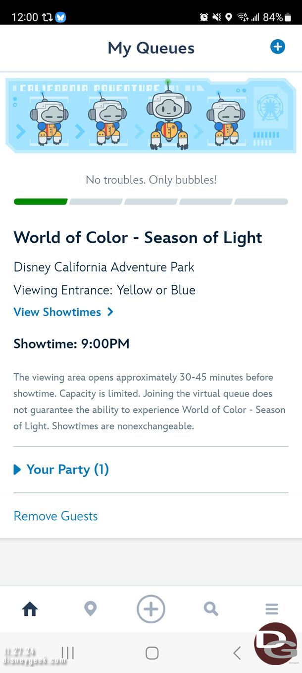 Picked up a virtual queue spot for World of Color Season of Light.  Noticed Tiana's queue filled nearly instantly.  Several guests around me were excited to get a group, did hear a few groups groan as they failed.