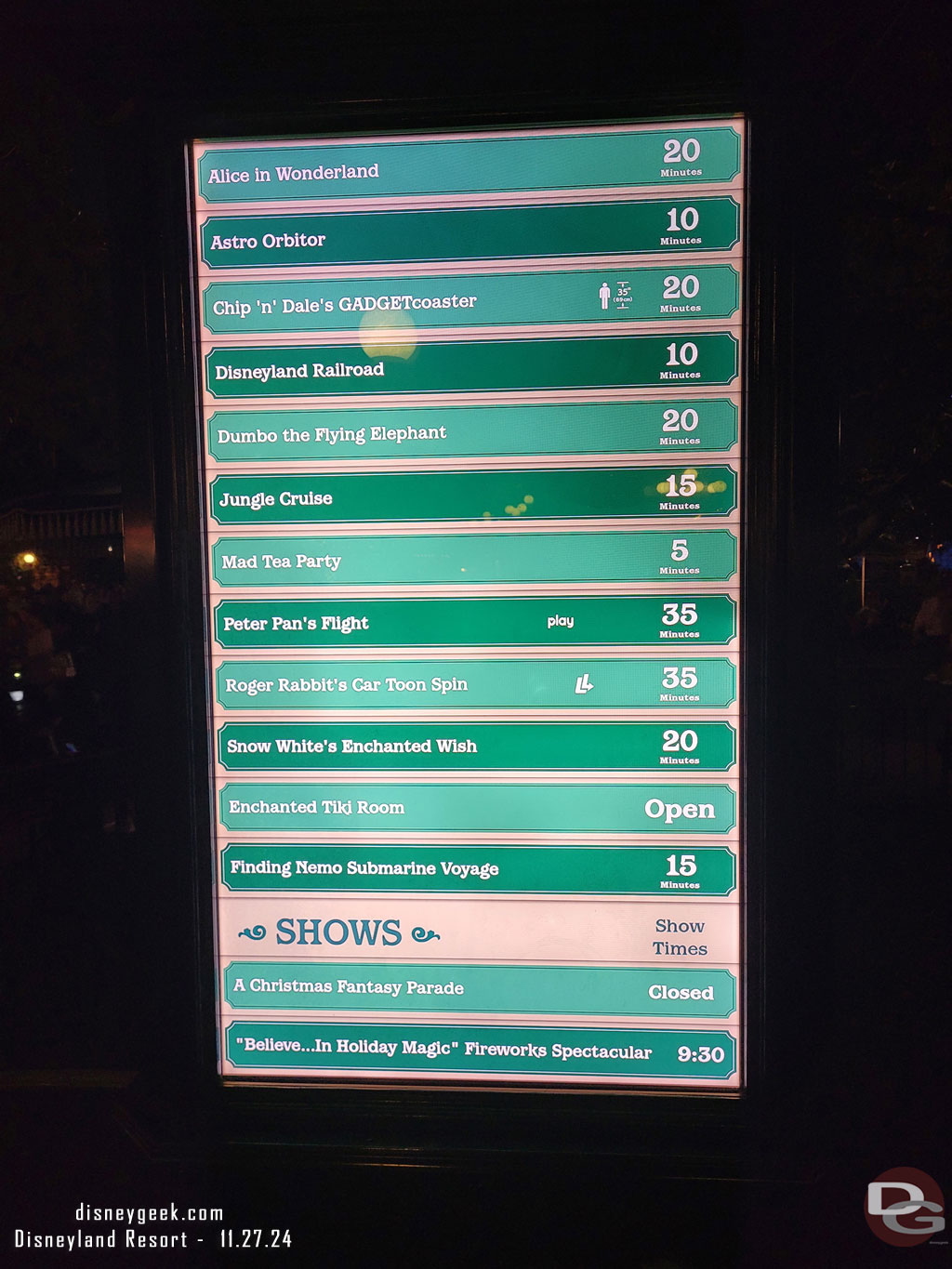 7:20pm - Disneyland Wait times