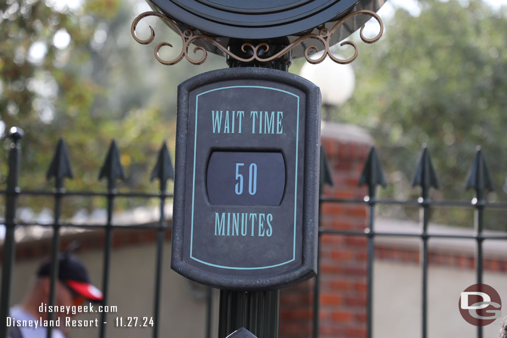 The posted wait was 50 minutes.  With the new queue it is hard to tell but it it looked longer so I opted not to wait.