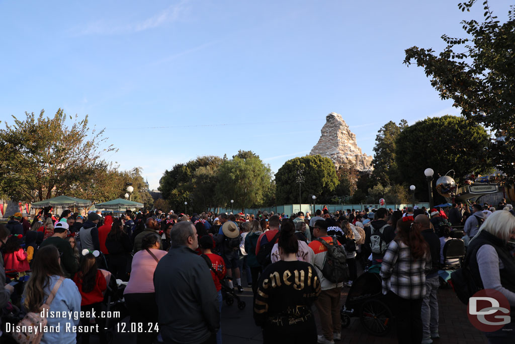 The crowd assembled in the hub for the Rope Drop today.