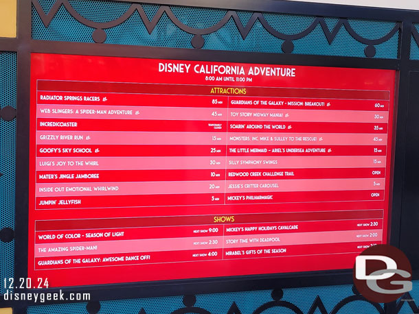 1:35pm - Disney California Adventure wait times