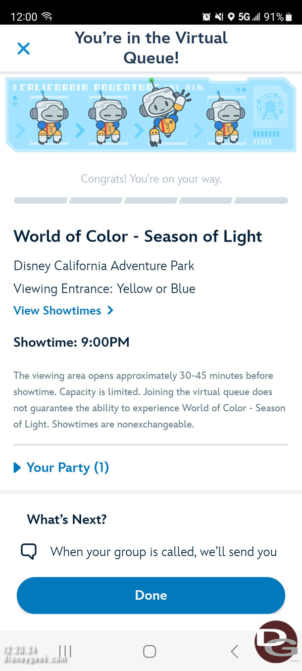 Picked up a spot for World of Color Season of Light this evening.