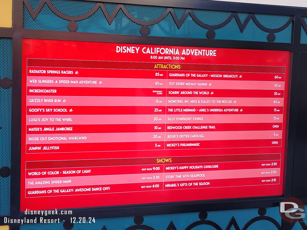 1:35pm - Disney California Adventure wait times