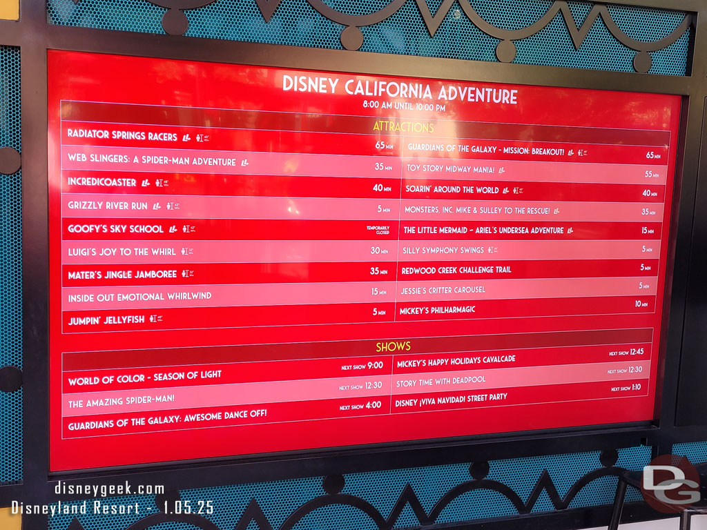 12:16pm - Disney California Adventure wait times