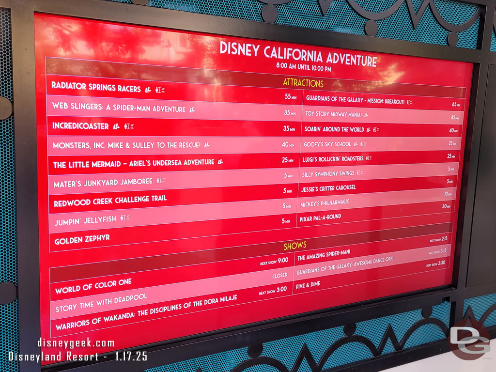 2:05pm - Disney California Adventure wait times