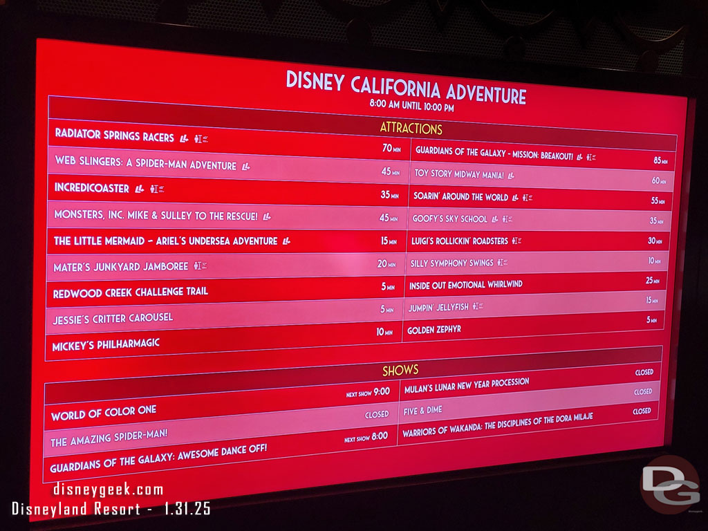 7:24pm - Disney California Adventure wait times