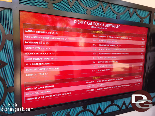 1:59pm - Disney California Adventure wait times.