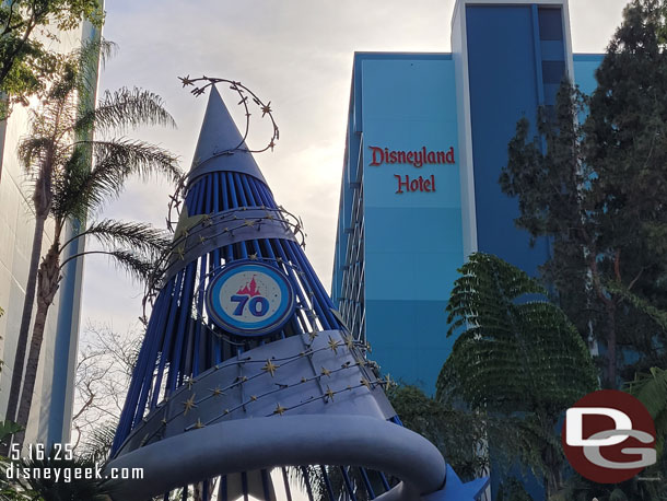 A 70th Anniversary logo has been added to the hat at you walk toward the Disneyland Hotel.