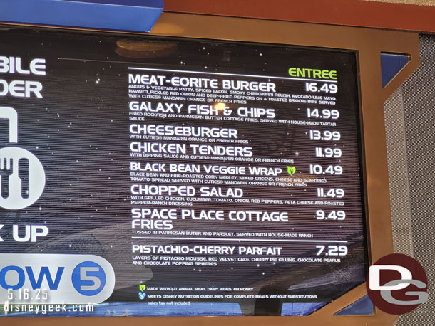 Current menu at Galactic Grill