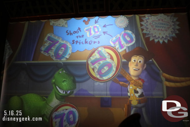There are 70s on a number of targets and other signs for the 70th throughout the attraction.