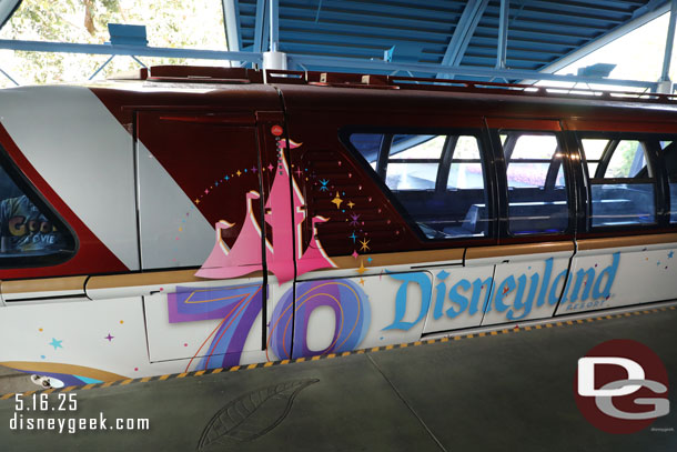 Monorail Red features a new wrap for Disneyland 70th.