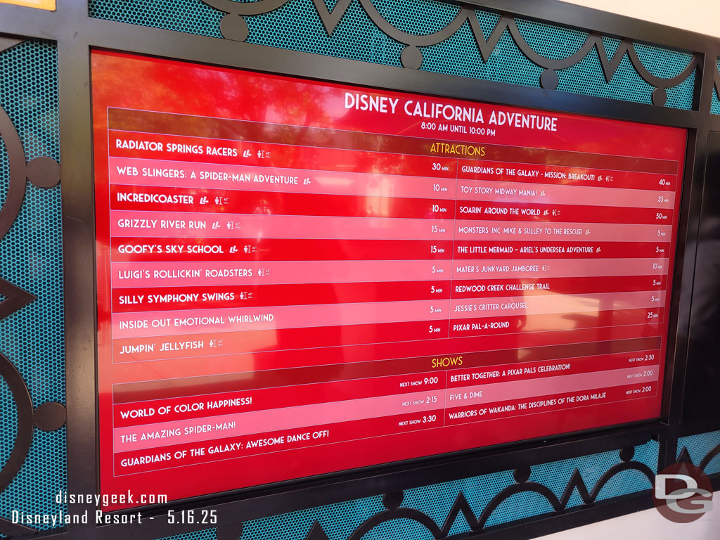 1:59pm - Disney California Adventure wait times.