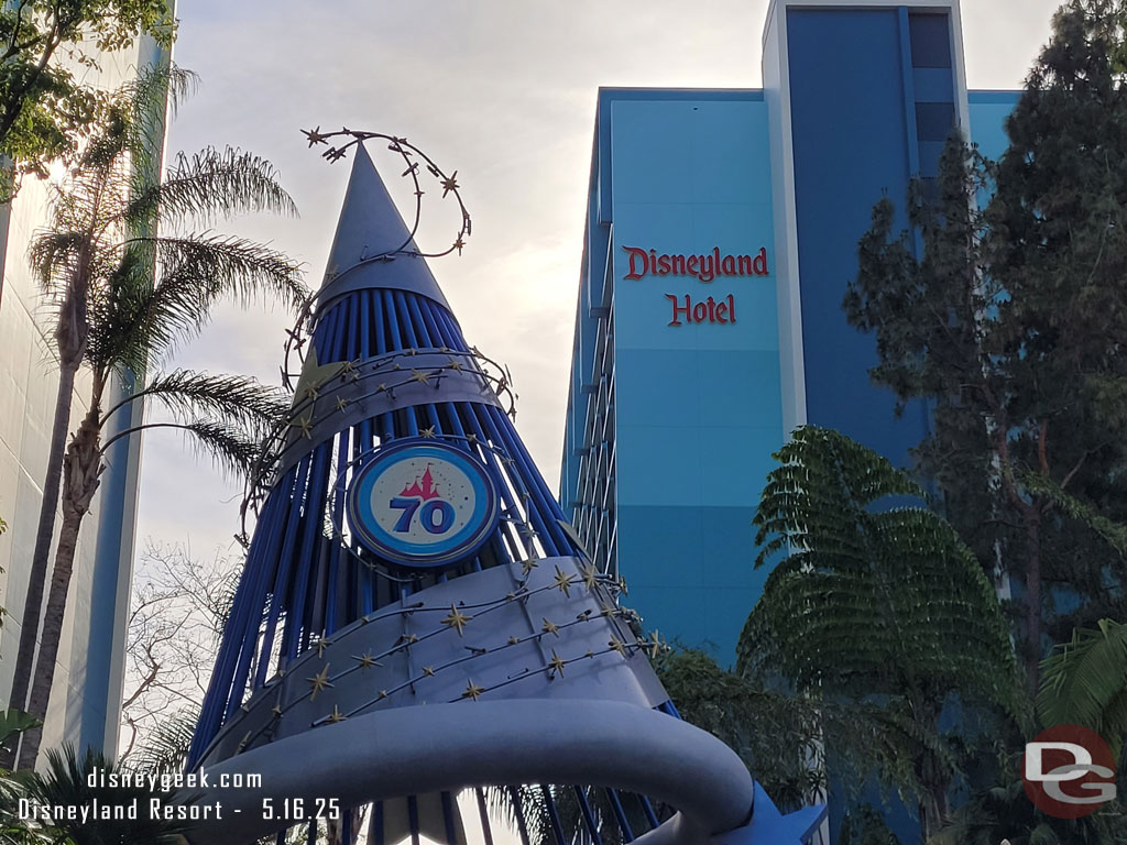 A 70th Anniversary logo has been added to the hat at you walk toward the Disneyland Hotel.