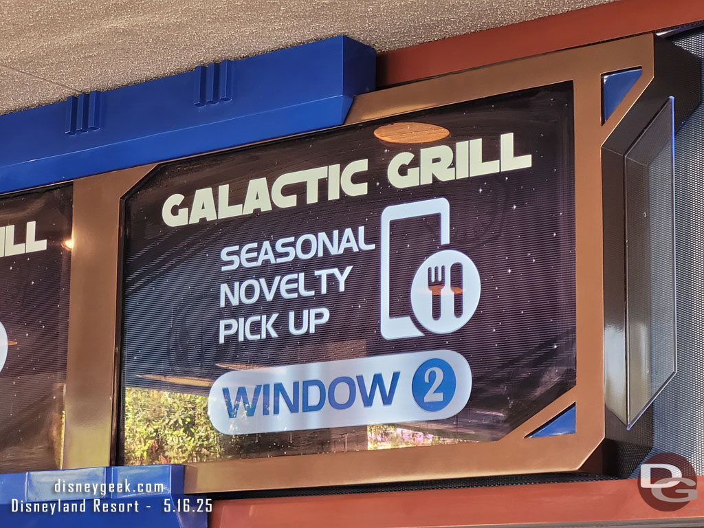 Galactic Grill has a set of windows dedicated to mobile pickup of the popcorn buckets and sippers.