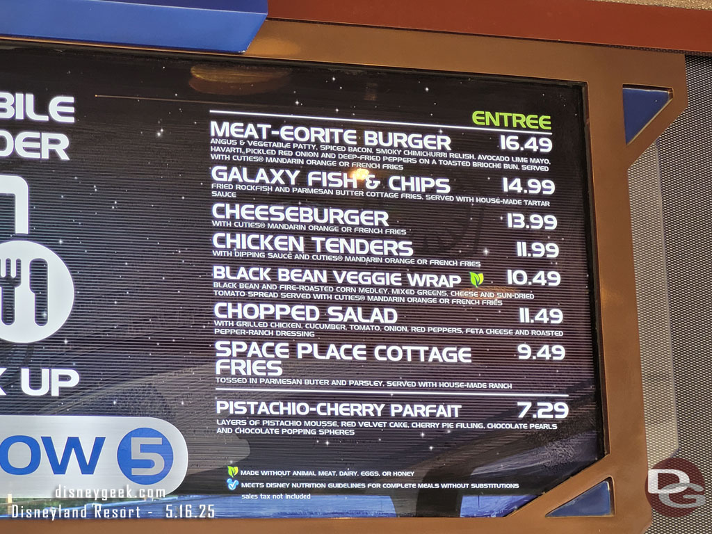 Current menu at Galactic Grill