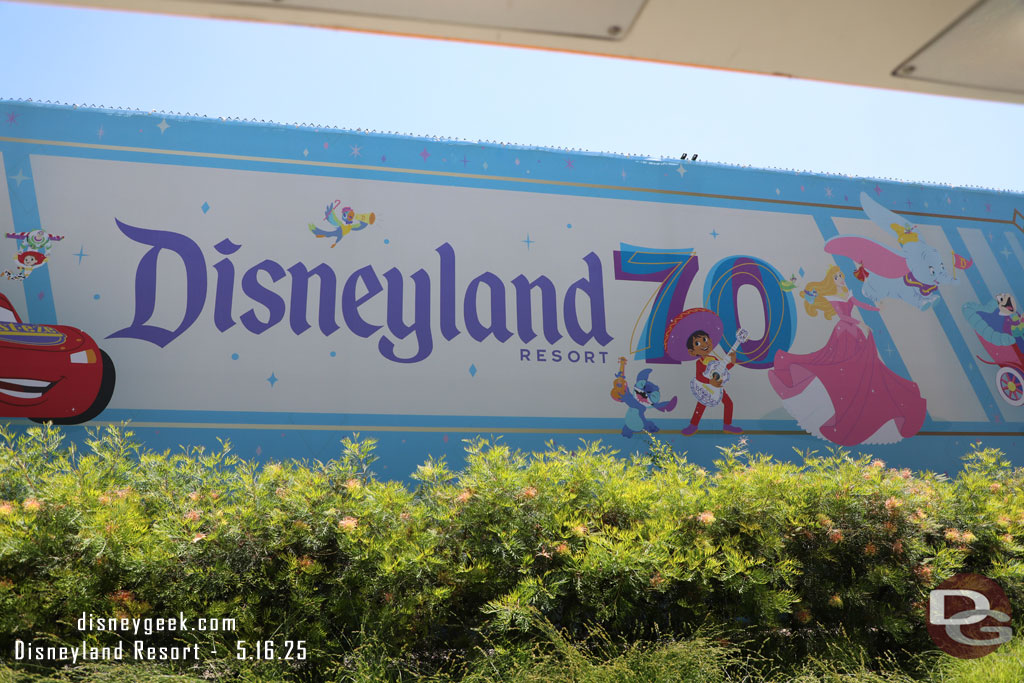 The banners along the tramway also feature Disneyland 70th 