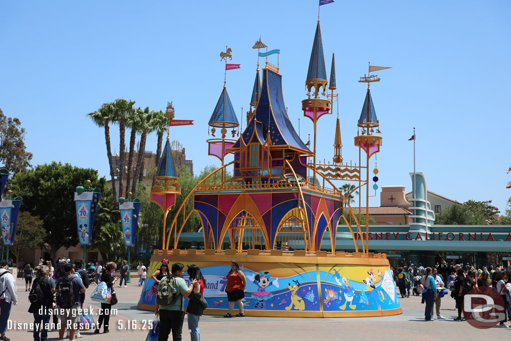 A Castle Music Box sculpture between the two parks