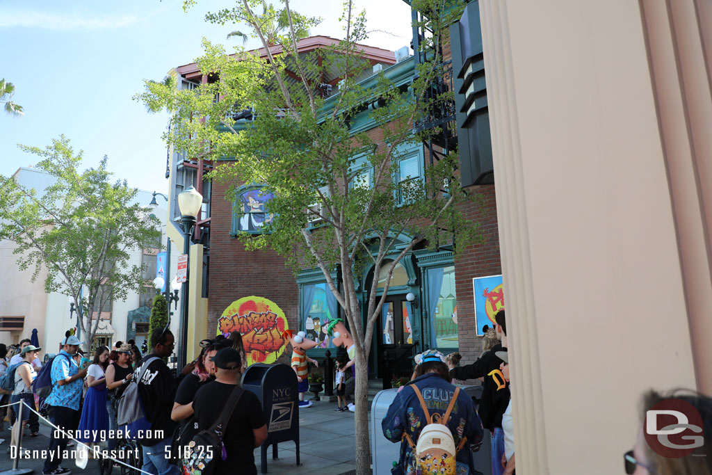 Phineas and Ferb greet guests on Sunset Blvd in Hollywood Land.