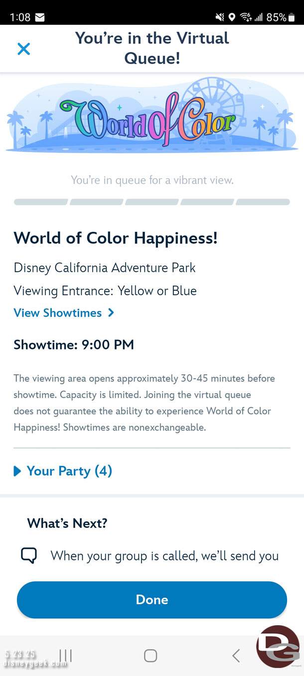 Picked up a virtual queue spot for World of Color Happiness