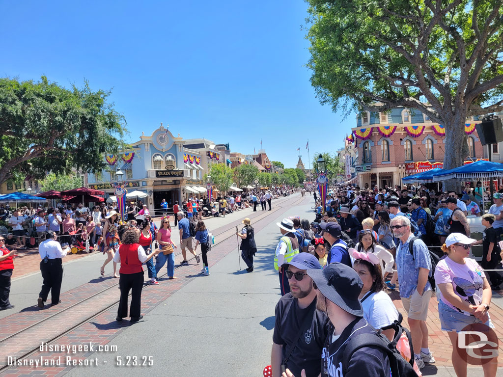 A good size crowd has gathered on Main Street USA. There is no day time parade just this cavalcade twice a day.
