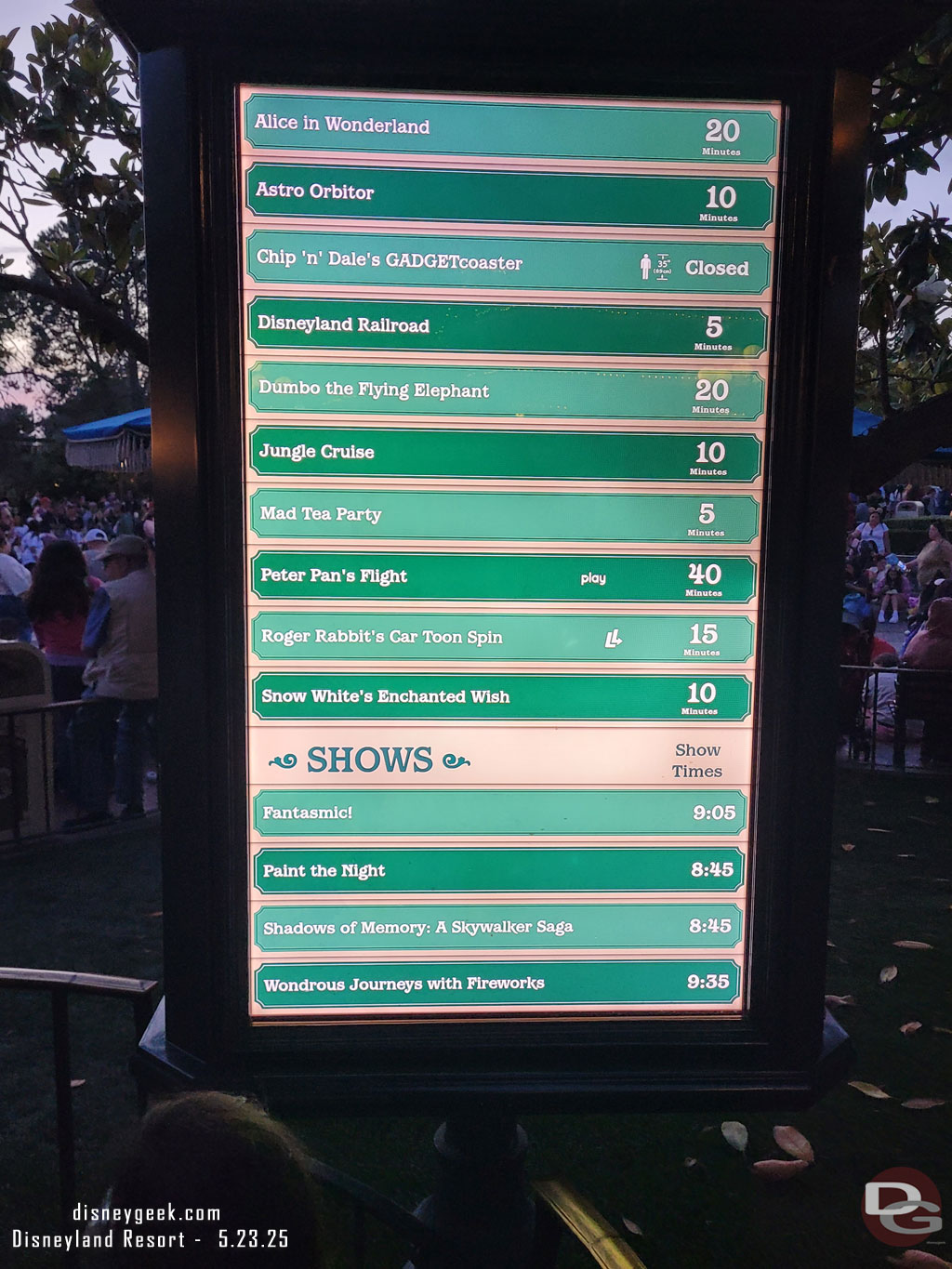 8:05pm - Disneyland wait times