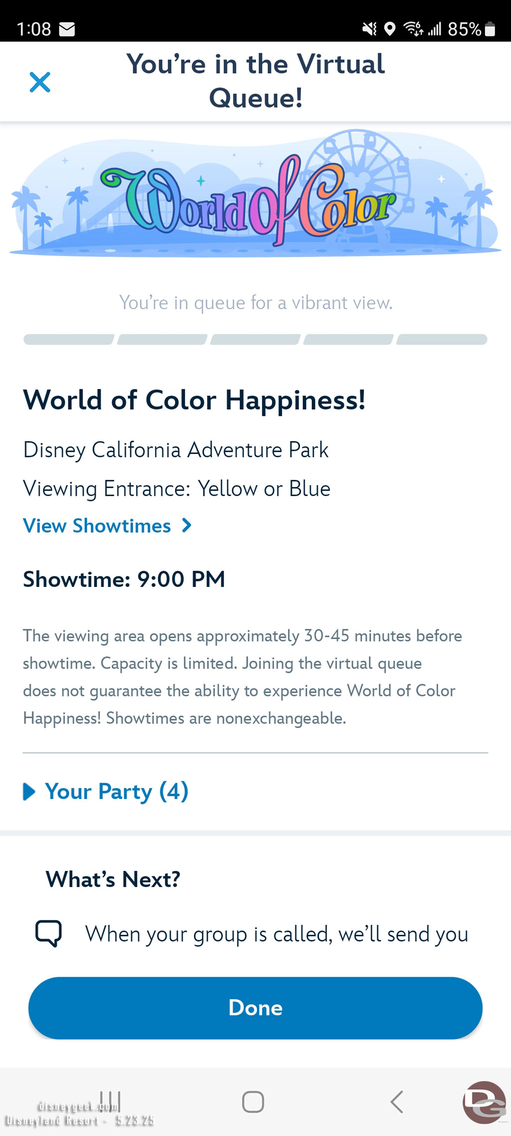 Picked up a virtual queue spot for World of Color Happiness