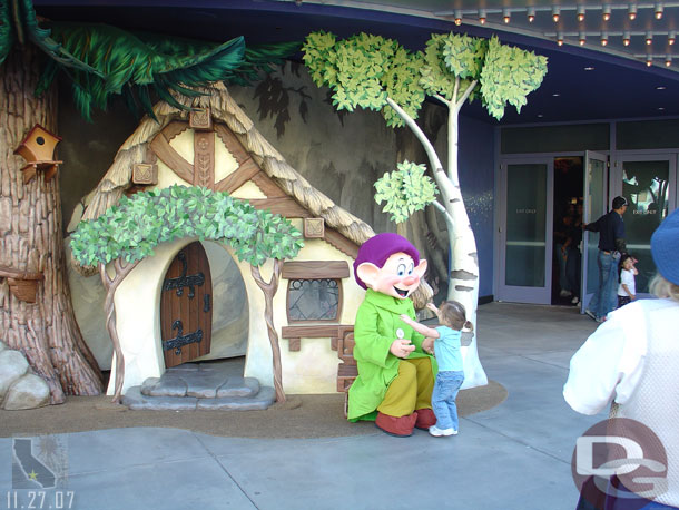 Dopey out for pictures in front of the Animation Building at DCA