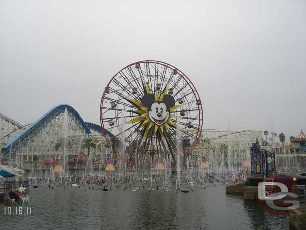 The World of Color fountains were on as they circled the Pier.