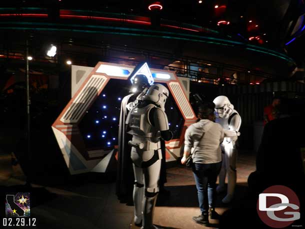 Darth Vader and some Storm Troopers out for photos in Tomorrowland, near the Tomorrowland Terrace stage, you can make out Innoventions in the background.