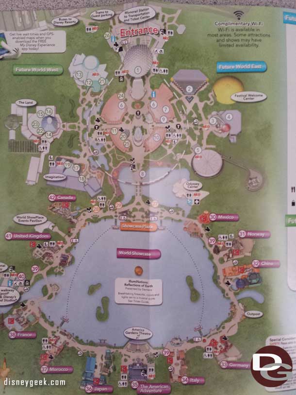 Next stop Epcot.  The Fountain View / Starbucks is on the map as are the new Restrooms by the American Adventure.