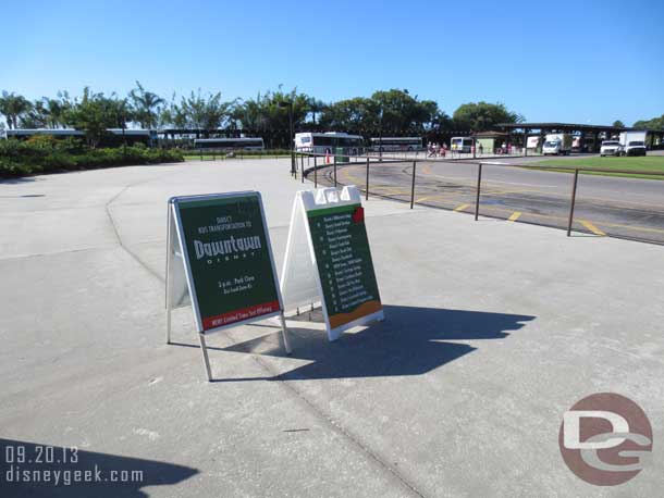 Friday the 20th was Animal Kingdom.  The large bus sign out front was down for some work (or being replaced due to the expansion of the bus stops).  The sign on the left is advertising the new test route to Downtown Disney in the afternoons.