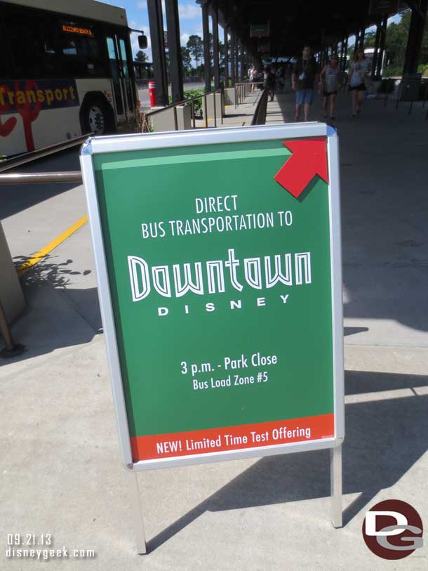 A better picture of the sign for the new Downtown Disney bus route at Animal Kingdom.