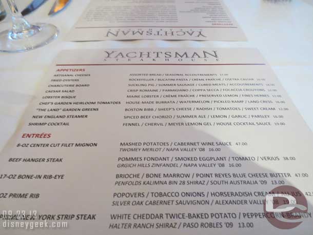 Dinner this evening was at Yachtsman Steakhouse.