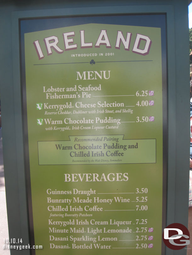 The menu at the Ireland marketplace