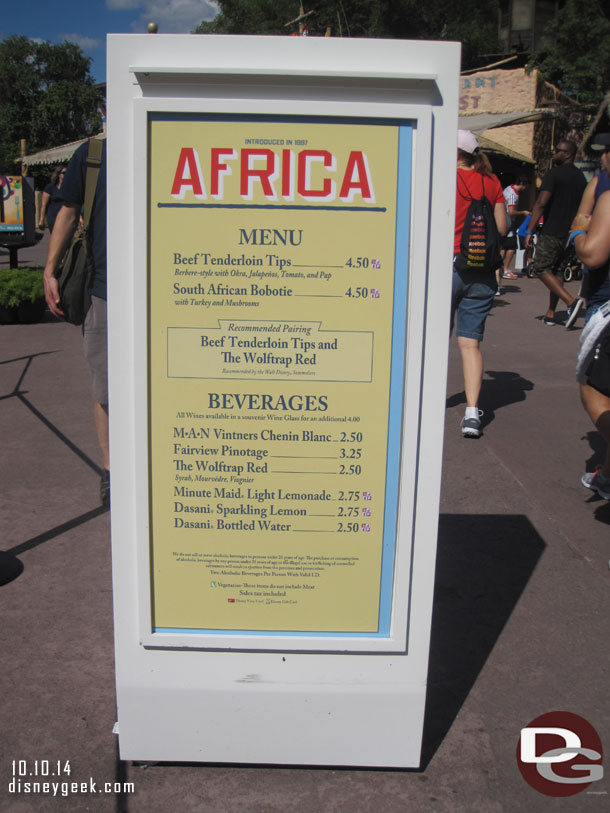 The Africa marketplace menu