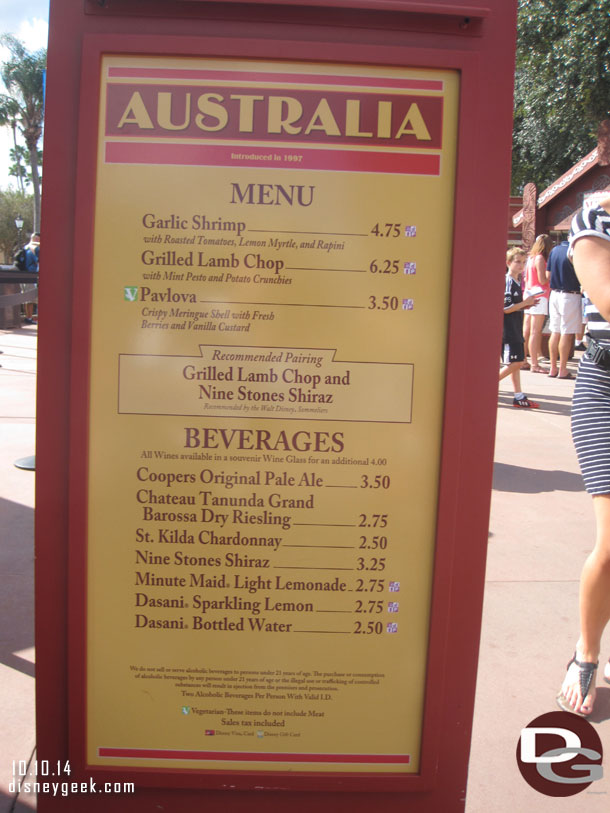 The Australia marketplace menu