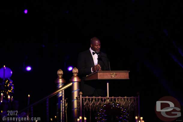 The guest narrator is introduced and starts to read.  Here is Dennis Haysbert who did several nights in 2012.