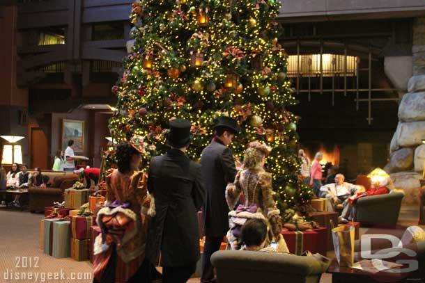 Dickens Carolers pay a visit to the hotels.  Here is a group in the Grand Californian Lobby.