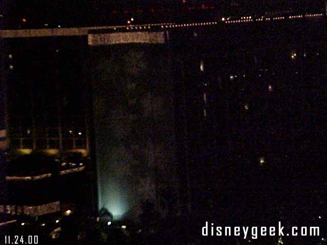 Snowflakes being projected onto the Disneyland hotel tower