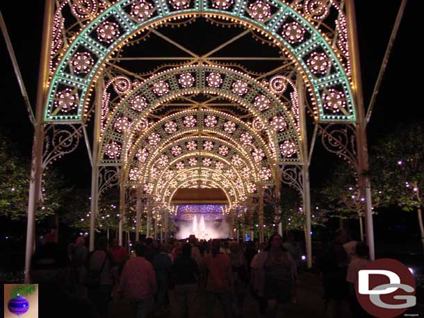 The lighted archway that leads between Future World and World Showcase