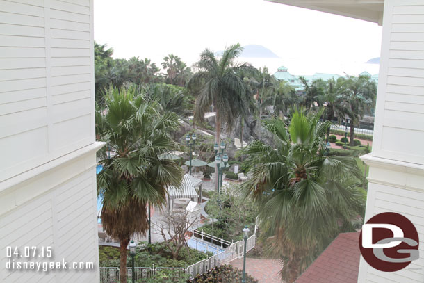 Walking to the elevator and looking through a window you can see the pool area.