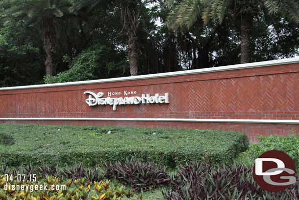 The Hong Kong Disneyland Hotel sign along the street/walkway.