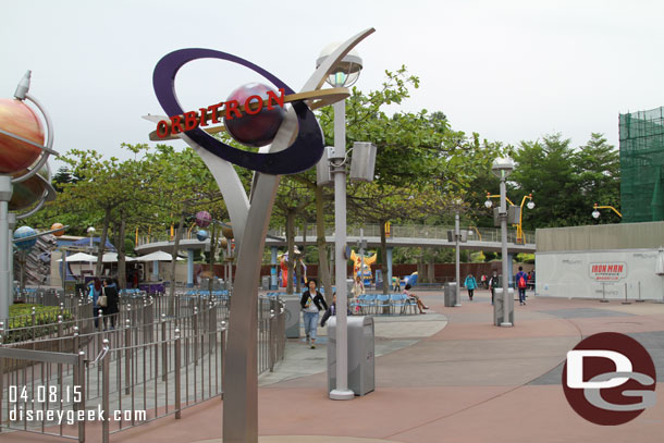 To the right you can see some of the track for the Autopia and to the right of that the construction for the Iron Man attraction opening next year.