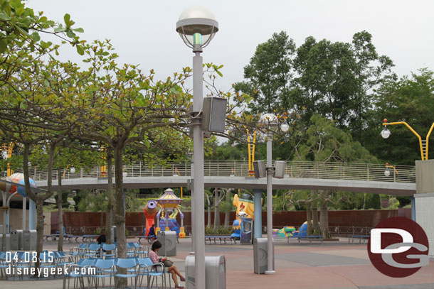 A water play area beyond the elevator Autopia track