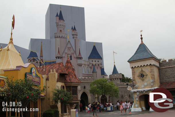 Looking toward the castle.  The line on the right is for the Frozen Meet and Greet.